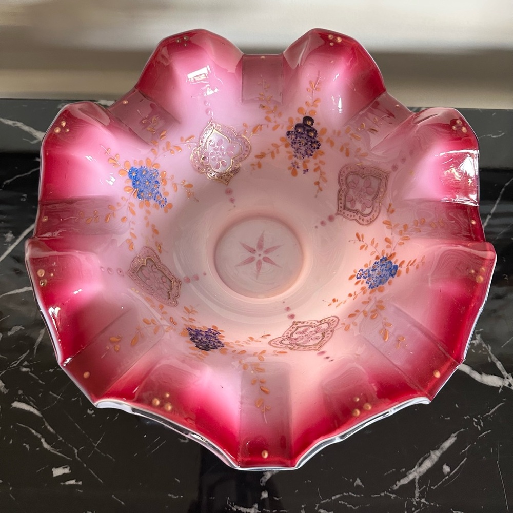 Antique Cranberry Opalescent Bridal Basket Hand Painted Rare Glass